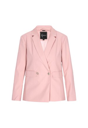 Svetlo roza blazer s prilagojenim dizajnom, ki ima zalomljeni ovratnik, dvojno gumbno zapiranje in dva sprednja žepa. Gladka tekstura.