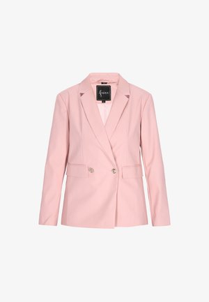 Svetloružový blejzer s prispôsobeným strihom, ktorý má klopový golier, dvojitý gombíkový zapínanie a dve predné vrecká. Hladký povrch.