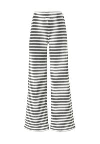 Zwart-wit gestreepte wijde broek met een elastische tailleband, gemaakt van een stevige stof en met een uitlopende pasvorm.