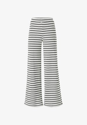Sorte og hvide stribede wide-leg bukser med elastisk talje, der har et struktureret stof og en flared form.