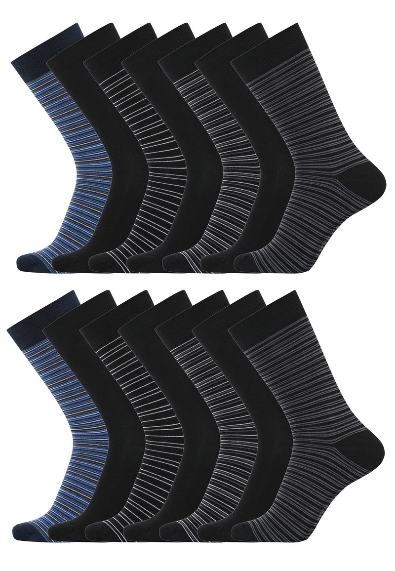 Sæt af 12 sokker: 6 sorte med forskelligt stribede mønstre og 6 med blå og sorte striber; alle med ribbede toppe og blød tekstur.