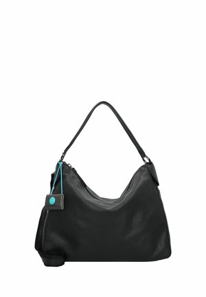 Borsa a tracolla in pelle nera, di forma rotonda, con superficie testurizzata e una sola tracolla. Presenta un accento turchese e chiusura con zip.