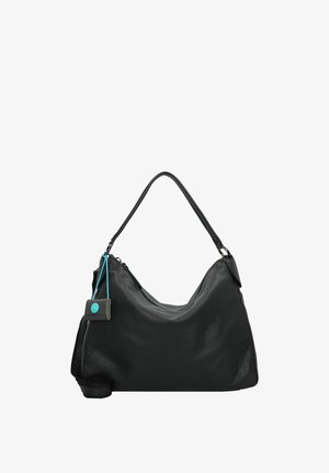 Sac à main en cuir noir de forme arrondie, surface texturée et une seule bandoulière. Il comporte un accent turquoise et une fermeture éclair.