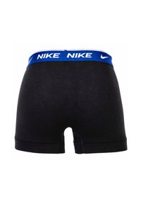 Schwarze Baumwoll-Boxershorts mit einem blauen elastischen Bund und weißem "NIKE"-Logo. Mit einem mittelhohen Schnitt und glattem Material.