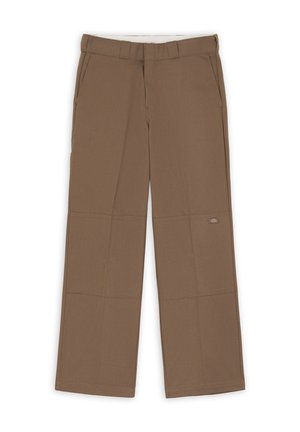 Ruskeat, leveät housut, jotka on valmistettu pehmeästä kankaasta ja joissa on teksturoitu pinta. Varustettu vyölenkeillä ja sivutaskuilla. Yksityiskohtainen tikkaus saumoissa.