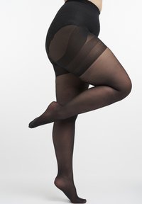 Zwarte panty met een doorschijnend ontwerp, voorzien van een textuurband aan de bovenkant en gestreepte patronen op het been. Soepele textuur en aansluitende pasvorm.
