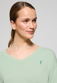 V-ringad, mintgrön tröja i mjukt material; har en liten, broderad figur i matchande grönt på bröstet.