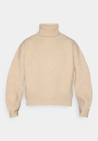 Beige geribbelde trui met col en lange mouwen. Heeft een relaxte pasvorm en een zachte textuur, ontworpen voor warmte en comfort.