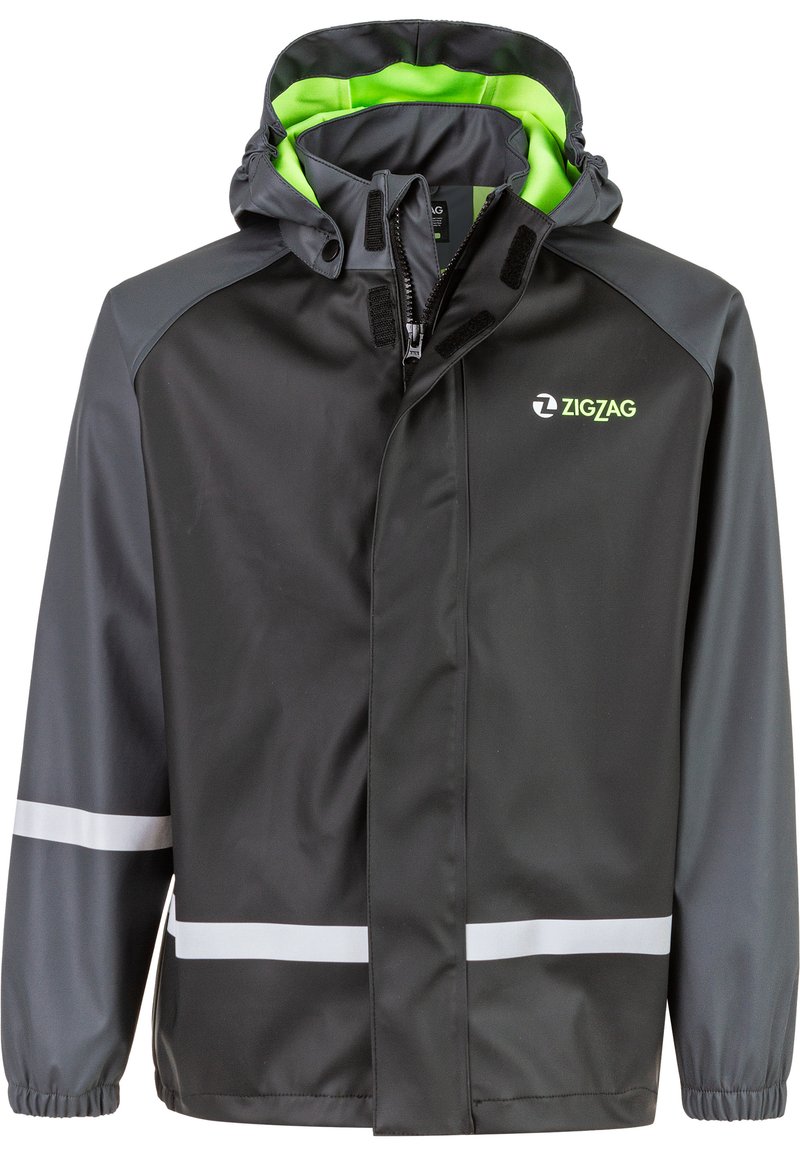Sort vandtæt jakke med grøn inderfor, grå accenter, frontlynlås, justerbar hætte og reflekterende striber på ærmerne.