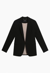 Černý blazer se hladkým materiálem, dvěma předními kapsami, klopami ve tvaru písmene V a světlou podšívkou. Disponuje minimalistickým designem.
