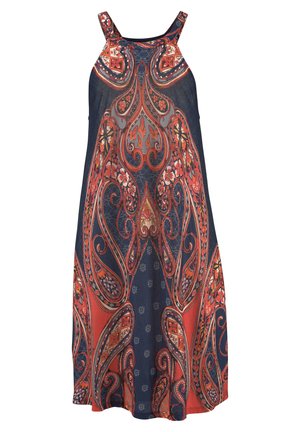 Sleeveless, A-line dress with a navy background and intricate red, orange, and cream paisley pattern. Smooth fabric, knee-length design.