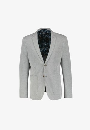 Hellgrauer Blazer mit taillierter Passform, Ein-Knopf-Verschluss, zwei Vorderseitentaschen und einem gemusterten dunkelgrauen Innenfutter.