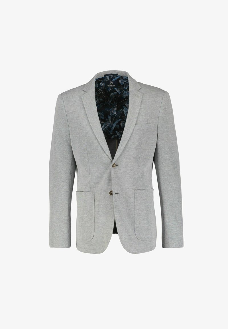 Light gray blazer with a tailored fit, single-button closure, two front pockets, and a patterned dark interior lining.