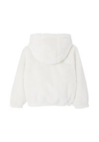 Weiße Kunstfelljacke mit Kapuze, elastischen Bündchen und Saum, glatter Textur und einem lässigen Design, das sich hervorragend zum Schichten eignet.