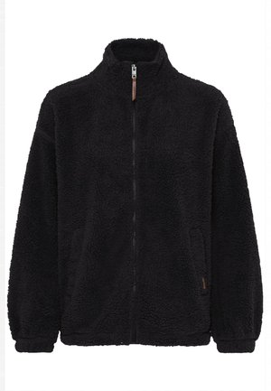 Schwarze Fleecejacke mit hohem Kragen, durchgehendem Reißverschluss, elastischen Bündchen und Seitentaschen; hat eine weiche, strukturierte Oberfläche.