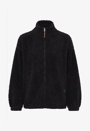 Black fleece jacket with a high collar, full zip, elastic cuffs, and side pockets; features a soft, textured surface.