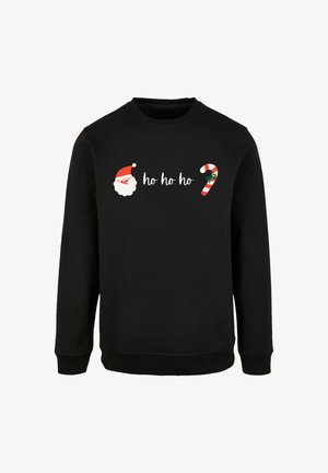 Zwarte sweatshirt met een feestelijk ontwerp met een kerstmanmuts, een baard, de zin "ho ho ho" en een gestreepte candy cane afbeelding.