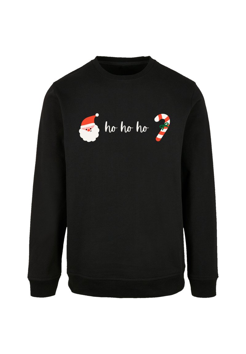 Sweatshirt noir avec un design festif comprenant un chapeau de Noël, une barbe, la phrase "ho ho ho" et un graphique de canne en sucre rayée.