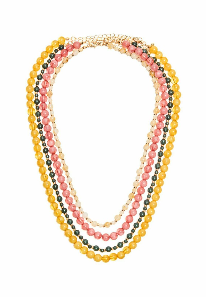 Mehrfarbige Perlenkette mit gelben, pinken, grünen und klaren Perlen, akzentuiert mit goldfarbener Hardware, im geschichteten Design.