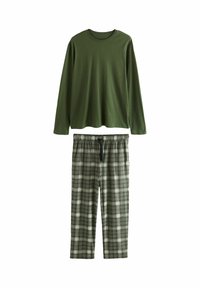 Grøn langærmet skjorte parret med ternede pyjamabukser i grønne og hvide nuancer. Blødt materiale med elastisk talje på bukserne.