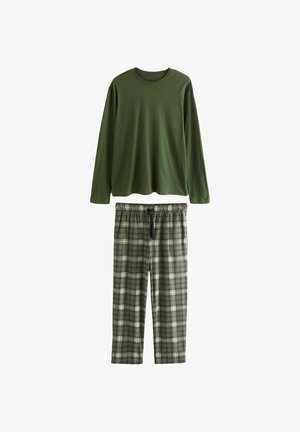 Cămașă verde cu mânecă lungă, asociată cu pantaloni de pijama în carouri, în nuanțe de verde și alb. Material moale, cu un elastic la talie pentru pantaloni.