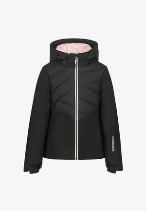 Giacca nera imbottita con zip frontale e cappuccio. Caratterizzata da pannelli trapuntati, rifinitura rosa e logo sulla manica. Polsini in Velcro.