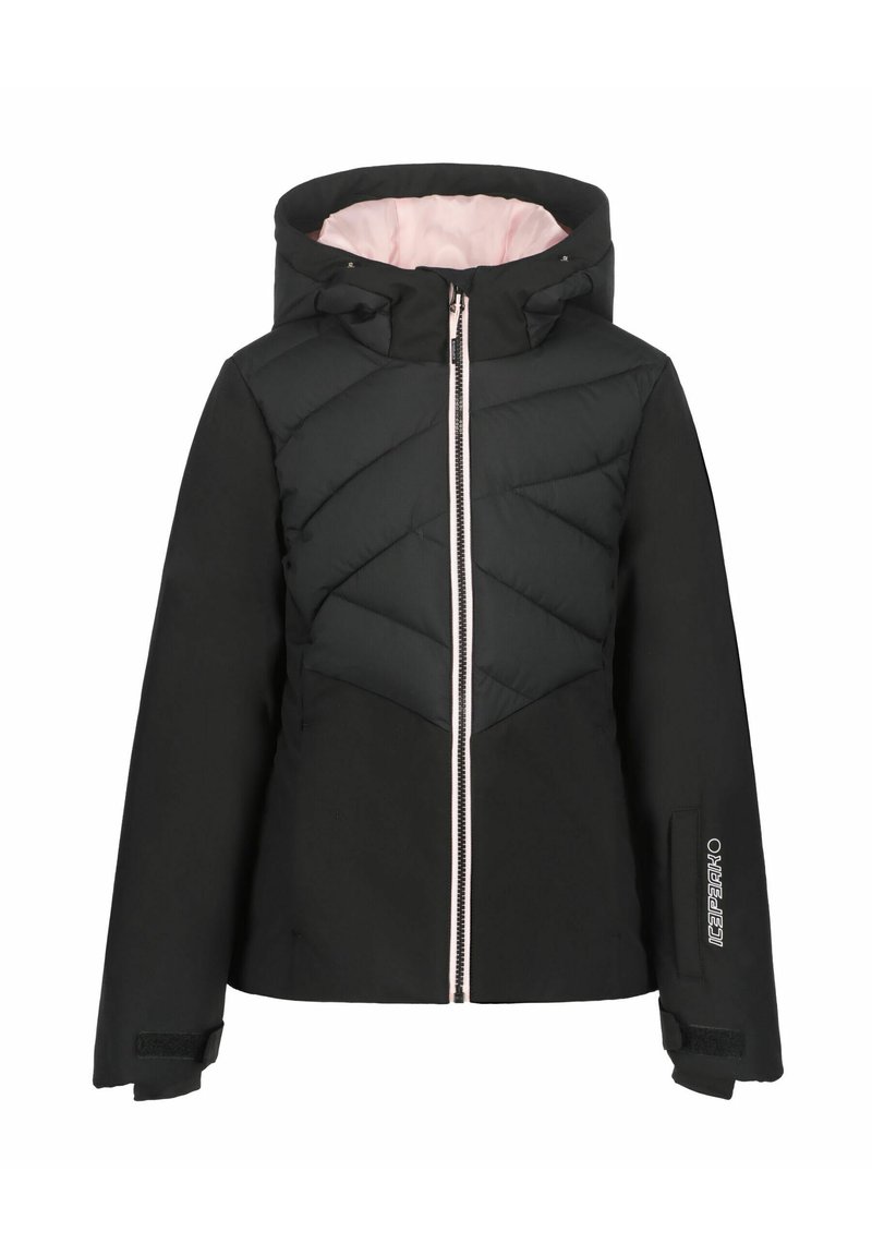 Czarna pikowana kurtka z zapinaniem na zamek z przodu i kapturem. Posiada pikowane panele, różową podszewkę oraz logo na rękawie. Rzepy przy mankietach.