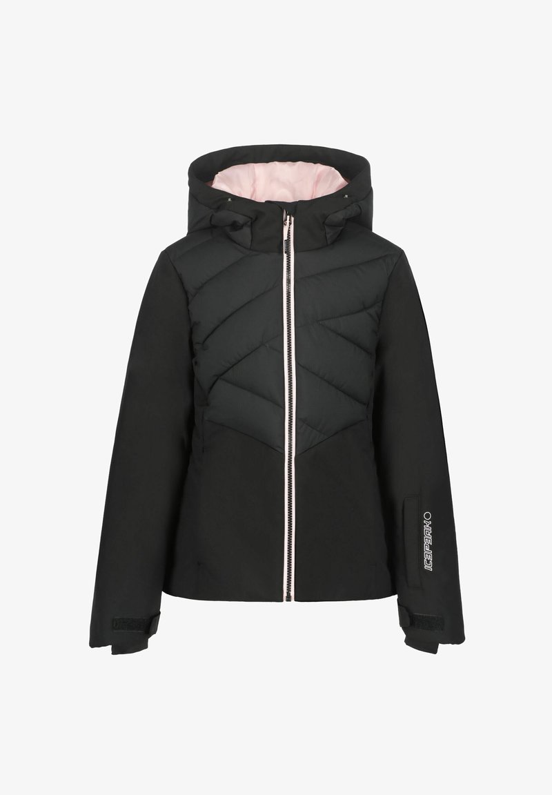 Musta vuorattu takki, jossa on vetoketju edessä ja huppu. Ominaisuuksiin kuuluvat tikatut paneelit, vaaleanpunainen vuori ja logo hihassa. Tarranauhakujat.