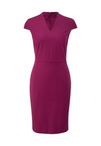 Figurbetontes, knielanges Kleid aus lebhaftem Magentastoff. Verfügt über einen tiefen V-Ausschnitt und kurze Ärmel, mit einem dezenten Reißverschluss auf der Rückseite.
