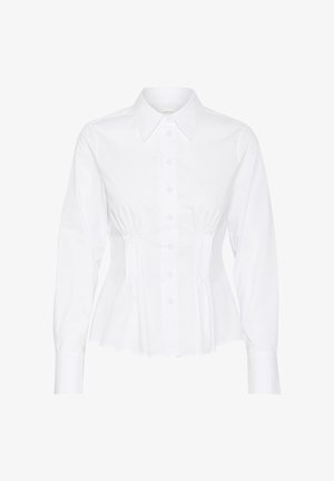 Biała koszula zapinana na guziki z klasycznym kołnierzykiem, długimi rękawami, elastycznymi bocznymi szczegółami i dopasowaną talią, wykonana z gładkiej tkaniny bawełnianej.