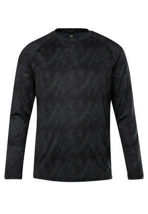 Zwarte longsleeve shirt met een gestructureerd patroon, ronde halslijn en raglan mouwen. Gemaakt van rekbaar materiaal voor comfort en bewegingsvrijheid.