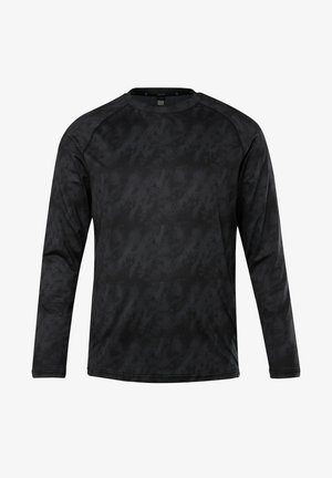 Czarna koszula z długim rękawem, z teksturowanym wzorem, okrągłym dekoltem i raglanowymi rękawami. Wykonana z elastycznego materiału dla wygody i swobody ruchów.