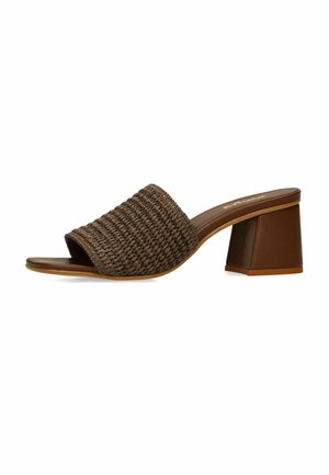 Brown open-toe mule with woven strap and block heel, designed for casual or dressy wear.