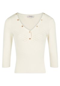 Gerippter cremefarbener Pullover mit V-Ausschnitt, dreiviertel Ärmeln und dekorativen goldenen Knöpfen. Auf der Vorderseite befindet sich ein Diamantmuster.