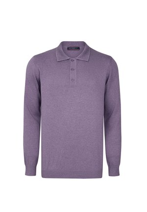 Camisa polo de manga larga en morado claro, hecha de un material de punto suave. Presenta un cuello con solapas y una tapeta de tres botones.