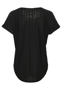 Černý tunikový top s krátkým rukávem, který má texturovaný, otevřený pletený design s geometrickými vzory a zakřiveným lemem.