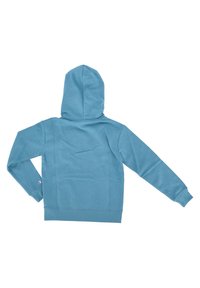 Sudadera con capucha en azul claro, hecha de algodón suave. Presenta mangas largas, puños acanalados y un bolsillo canguro. Diseño sencillo sin patrones.