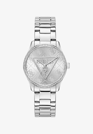 Silver watch with a round face, embellished with a crystal-studded bezel, featuring a triangular logo and a patterned silver dial.