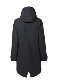 Zwarte waterdichte jas met een capuchon, lange mouwen en een langere achterkant. Kenmerken zijn klittenband manchetten en een gespleten zoom voor comfort.