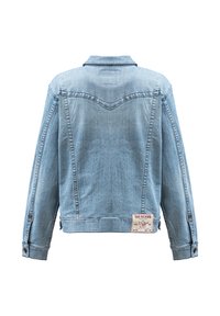 Lichtblauwe spijkerjas met een kraag, lange mouwen en knoopsluiten aan de manchetten. Heeft een opvallende rugnaad en een merketiket aan de zoom.