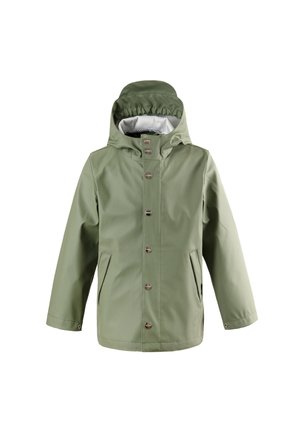 Hellgrüne wasserdichte Jacke mit Kapuze, vorderen Druckknöpfen und zwei schrägen Taschen, für Kinder entworfen.