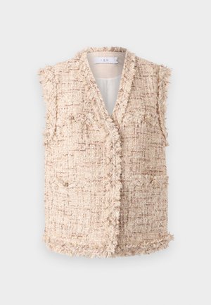 Gilet in tweed beige con finitura testurizzata, dotato di scollo a V, privo di maniche e con bottoni decorativi sul fronte e tasche.