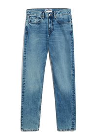 Jean en denim bleu clair avec une jambe droite, texture délavée, design à cinq poches et surpiqûres contrastantes. Doté d'une fermeture à bouton et de passants de ceinture.
