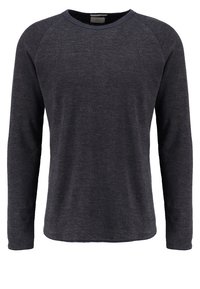 T-shirt a maniche lunghe grigio scuro con scollatura rotonda e maniche raglan. Il tessuto ha una sottile texture e un design informale.