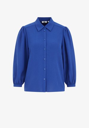 Camicia blu con bottoni, caratterizzata da un colletto classico, maniche a sbuffo e una superficie liscia, con bottoni abbinati lungo il davanti.