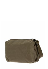 Braune Stoff-Schultertasche mit strukturierter Oberfläche, Reißverschluss, verstellbarem Riemen und kompakter rechteckiger Form.