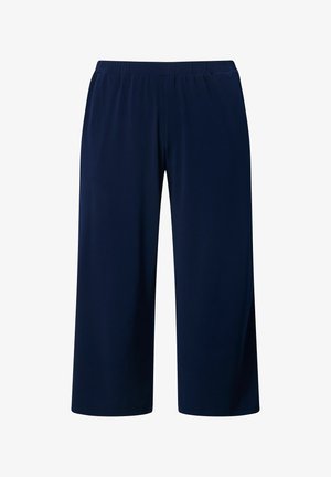 Pantaloni blu marina a gamba larga e taglio corto, con vita elastica, realizzati in tessuto liscio e leggero.