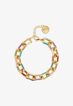 Bracelet en chaîne dorée avec des accents en émail colorés alternés en violet, turquoise, rose et rouge. Comprend un fermoir réglable.