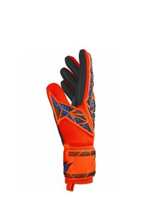 Guanti da portiere con un vivace design arancione e accenti blu, grip testurizzato e dita nere imbottite per una maggiore durata.