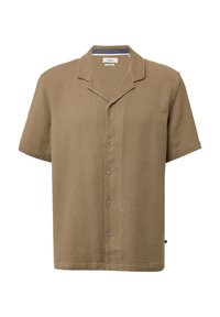 Korteblauwe, lichtbruine shirt met een gestructureerde stof, een hals met inkeping en een sluiting met knopen aan de voorkant. Heeft subtiele details en een relaxte pasvorm.